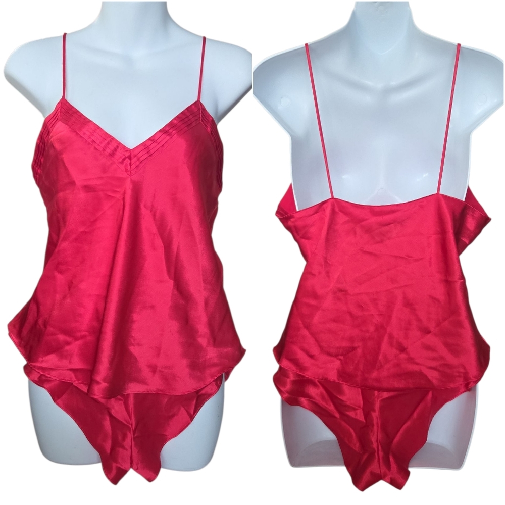 Victoria's Secret Gold Label Red Satin 2 Piece Matching Chemise Set - Picture 1 of 16